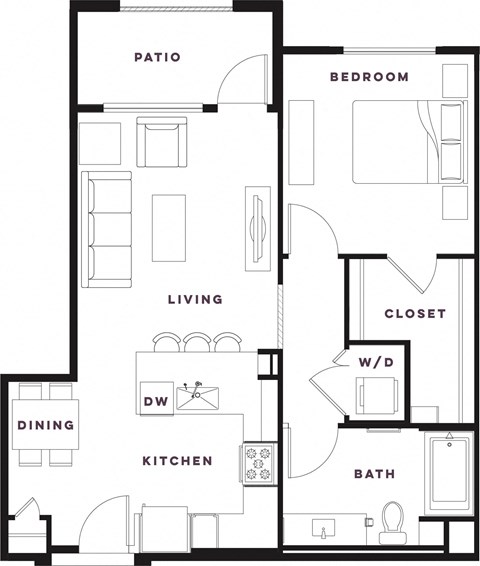Floor plan for 1 bed, 1 bath, 764 sqft