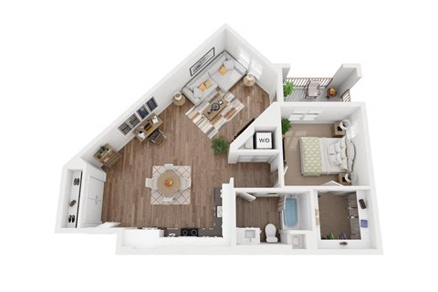 Floor plan for 1 bed, 1 bath, 889 sqft