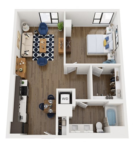 Floor plan for 1 bed, 1 bath, 853 sqft