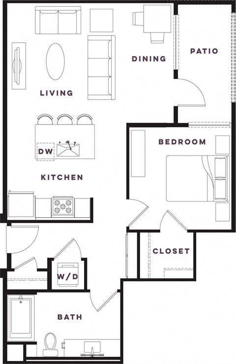 Floor plan for 1 bed, 1 bath, 792 sqft
