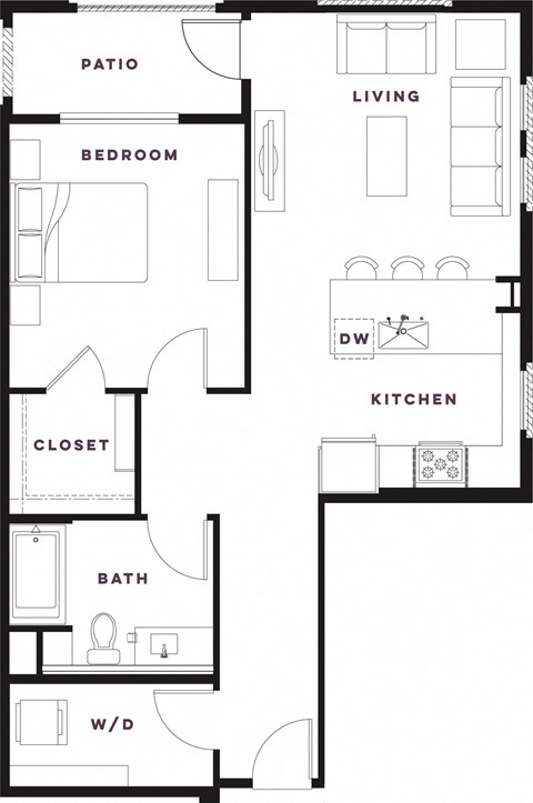 Floor plan for 1 bed, 1 bath, 850 sqft