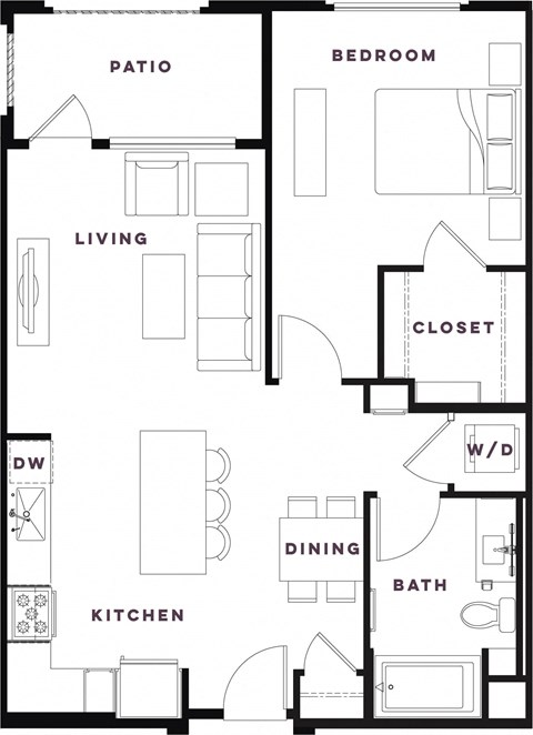 Floor plan for 1 bed, 1 bath, 789 sqft