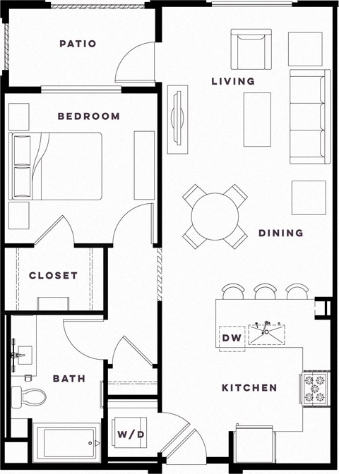 Floor plan for 1 bed, 1 bath, 796 sqft