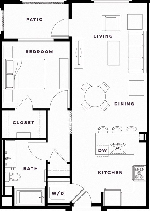 Floor plan for 1 bed, 1 bath, 934 sqft