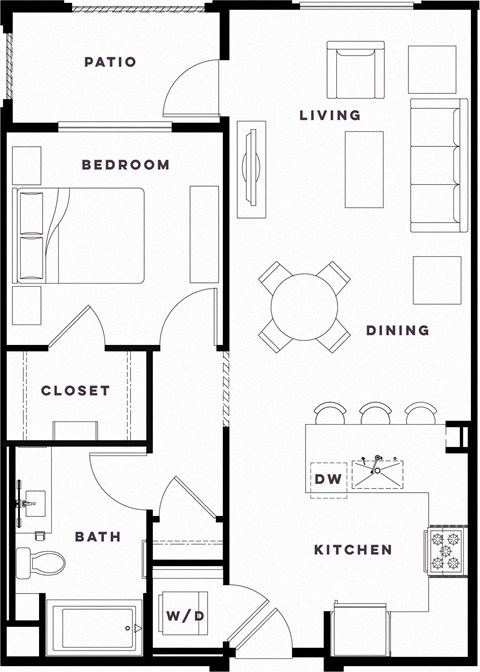 Floor plan for 1 bed, 1 bath, 860 sqft