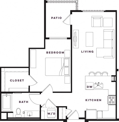 Floor plan for 1 bed, 1 bath, 781 sqft