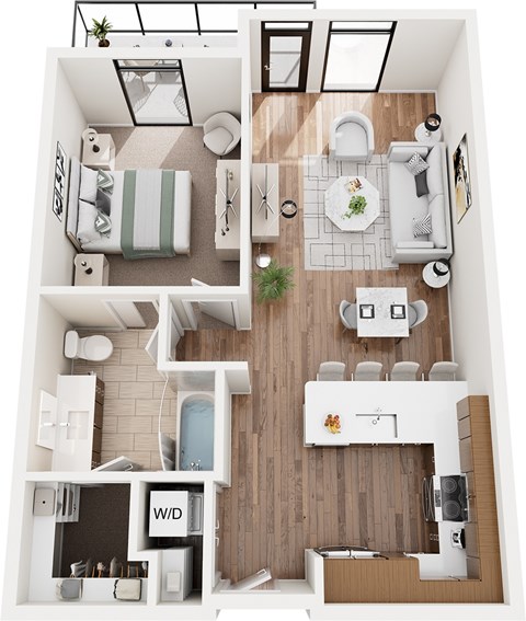 Floor plan for 1 bed, 1 bath, 734 sqft