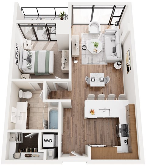 Floor plan for 1 bed, 1 bath, 734 sqft