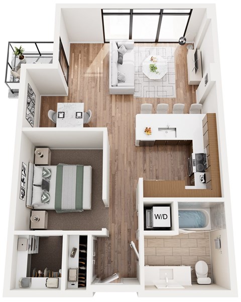 Floor plan for 1 bed, 1 bath, 766 sqft