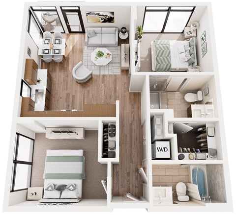 Floor plan for 2 beds, 2 baths, 857 sqft