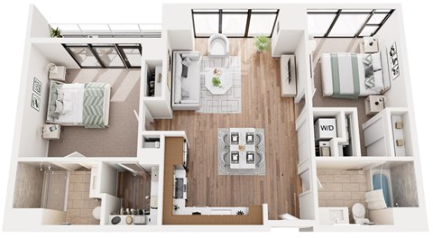 Floor plan for 2 beds, 2 baths, 1038 sqft