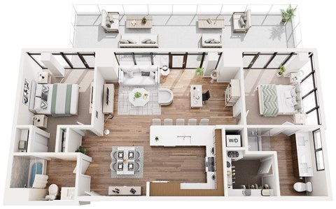 Floor plan for 2 beds, 2 baths, 1157 sqft