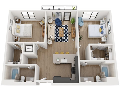 Floor plan for 2 beds, 2 baths, 1128 sqft