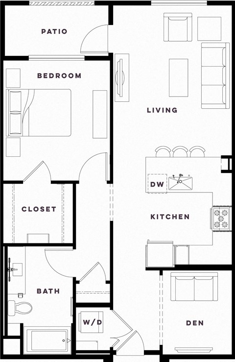 Floor plan for 1 bed, 1 bath, 884 sqft