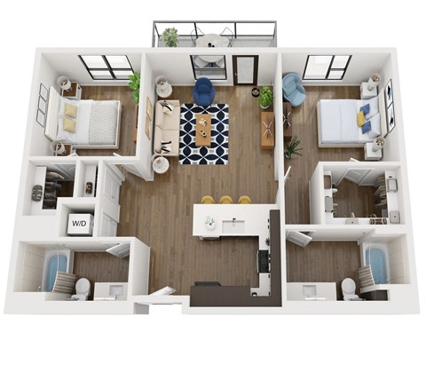 Floor plan for 2 beds, 2 baths, 1105 sqft