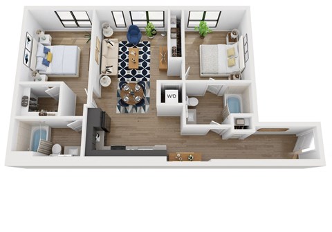 Floor plan for 2 beds, 2 baths, 1033 sqft