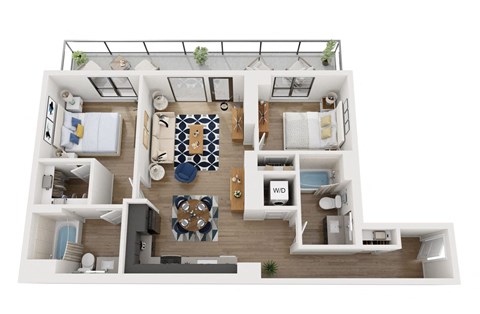 Floor plan for 2 beds, 2 baths, 990 sqft