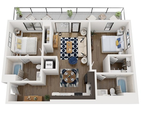 Floor plan for 2 beds, 2 baths, 947 sqft