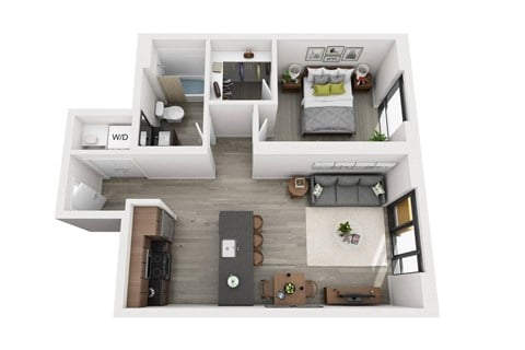 Floor plan for 1 bed, 1 bath, 677 sqft