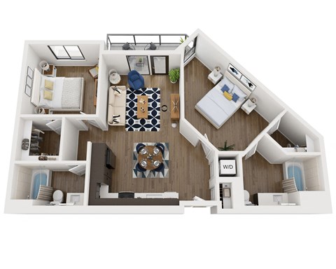 Floor plan for 2 beds, 2 baths, 1032 sqft