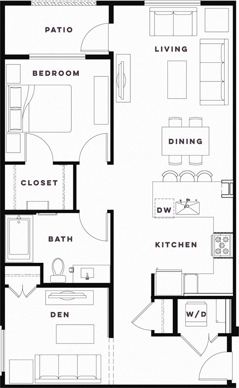 Floor plan for 1 bed, 1 bath, 957 sqft