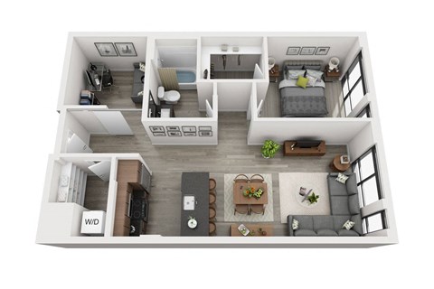 Floor plan for 1 bed, 1 bath, 890 sqft