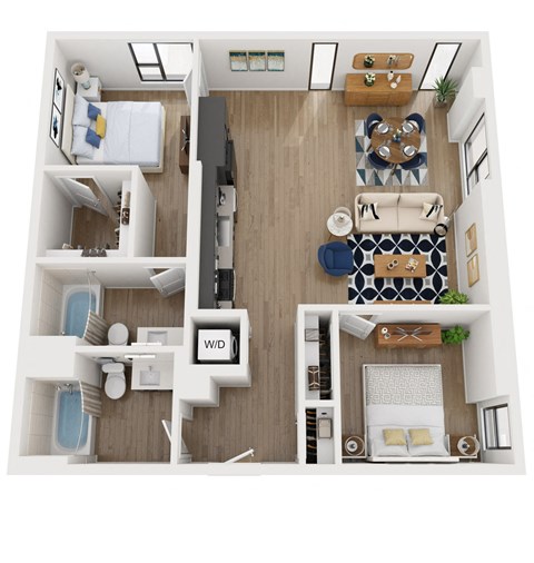 Floor plan for 2 beds, 2 baths, 1074 sqft