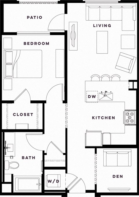 Floor plan for 1 bed, 1 bath, 806 sqft