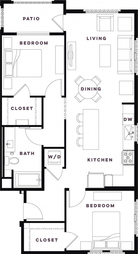 Floor plan for 2 beds, 1 bath, 1013 sqft