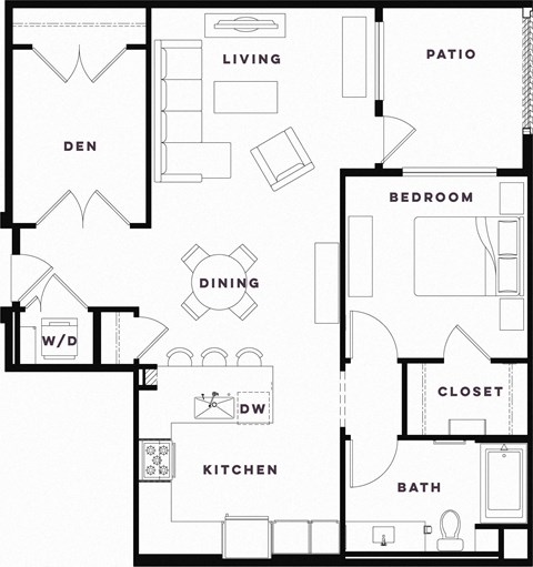 Floor plan for 1 bed, 1 bath, 993 sqft