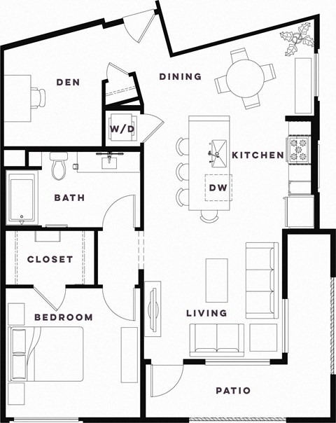 Floor plan for 1 bed, 1 bath, 943 sqft