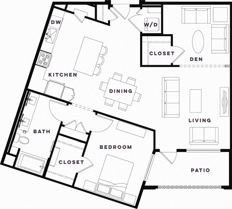 Floor plan for 1 bed, 1 bath, 1088 sqft