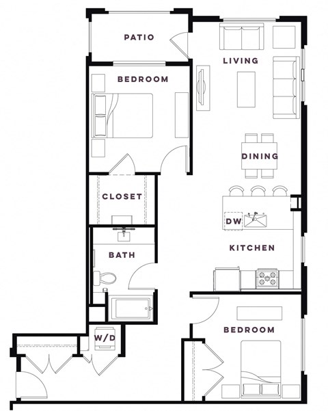 Floor plan for 2 beds, 1 bath, 1100 sqft