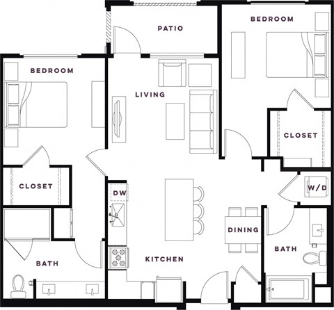 Floor plan for 2 beds, 2 baths, 1105 sqft
