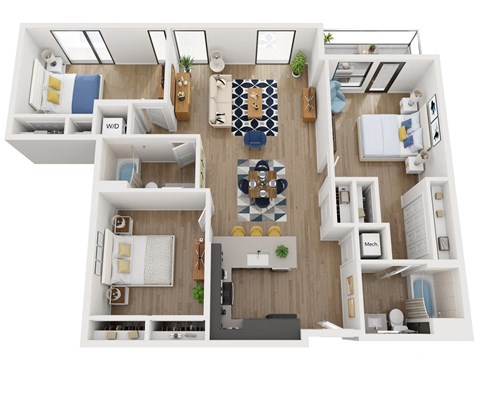 Floor plan for 3 beds, 2 baths, 1334 sqft