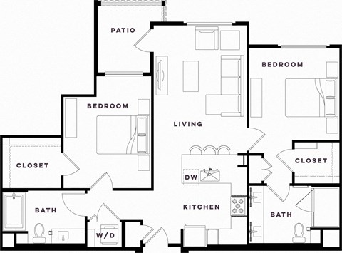 Floor plan for 2 beds, 2 baths, 1097 sqft