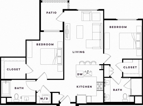 Floor plan for 2 beds, 2 baths, 1097 sqft