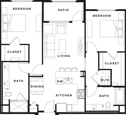 Floor plan for 2 beds, 2 baths, 1138 sqft