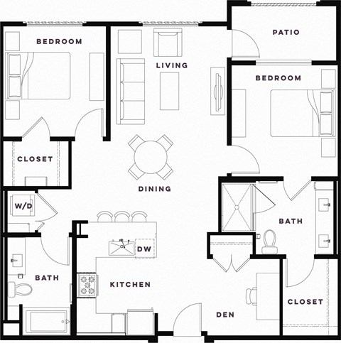 Floor plan for 2 beds, 2 baths, 1184 sqft