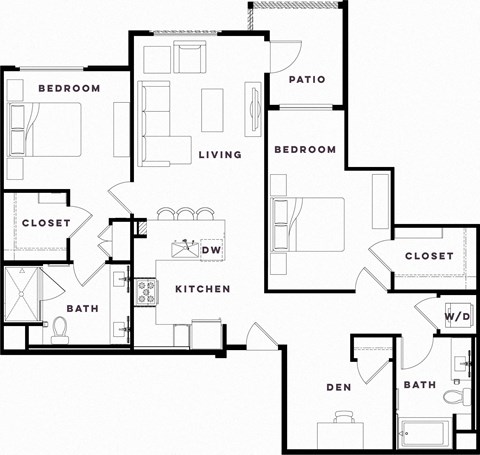 Floor plan for 2 beds, 2 baths, 1237 sqft