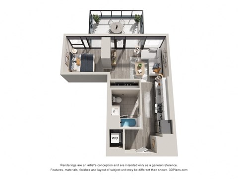 Floor plan for studio, 1 bath, 601 sqft