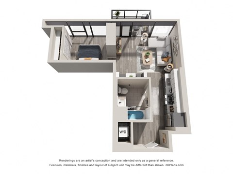 Floor plan for studio, 1 bath, 640 sqft