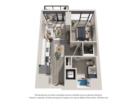 Floor plan for 1 bed, 1 bath, 658 sqft