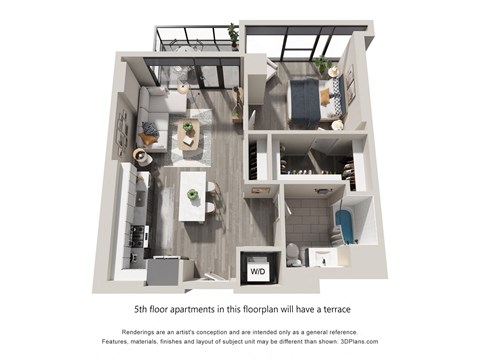 Floor plan for 1 bed, 1 bath, 749 sqft