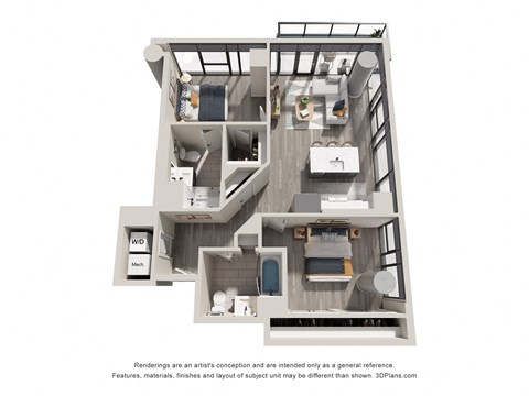Floor plan for 2 beds, 2 baths, 1045 sqft