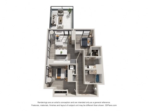 Floor plan for 2 beds, 2 baths, 1064 sqft