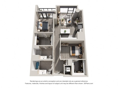 Floor plan for 2 beds, 2 baths, 1100 sqft