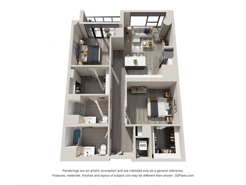 Floor plan for 2 beds, 2 baths, 1125 sqft