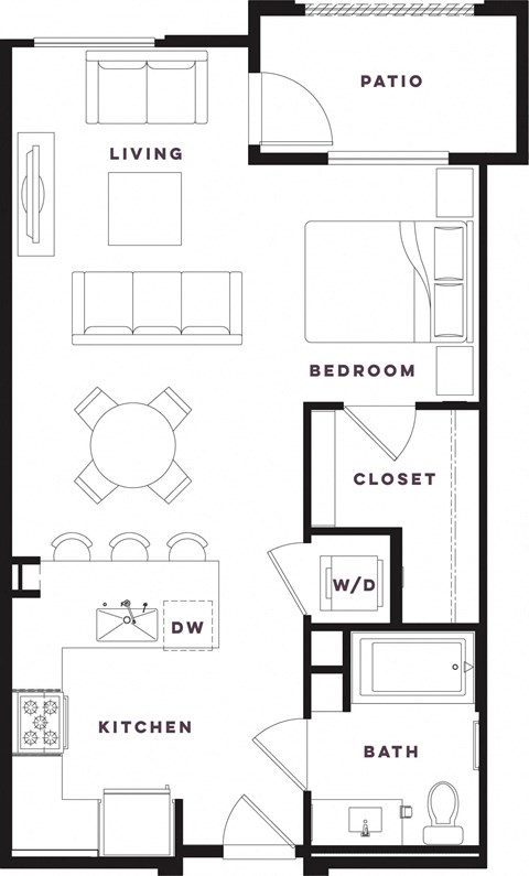 Floor plan for studio, 1 bath, 634 sqft