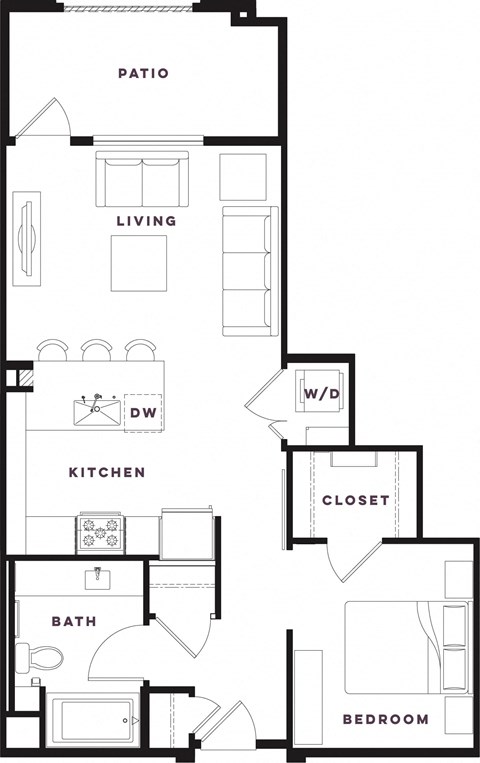Floor plan for studio, 1 bath, 696 sqft